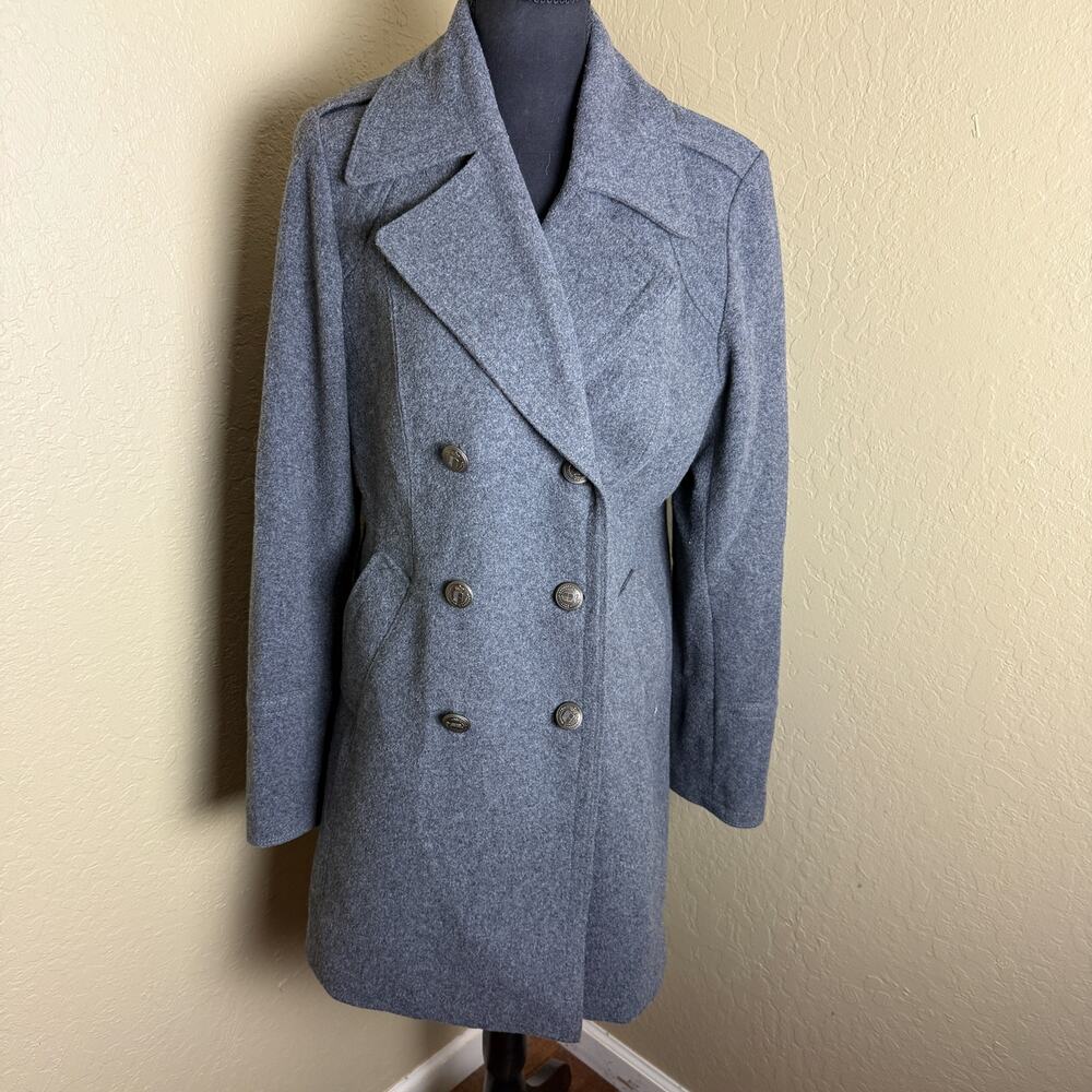 Worthington Women L Gray 82% Wool Blend Double Breasted Peacoat Military Coat